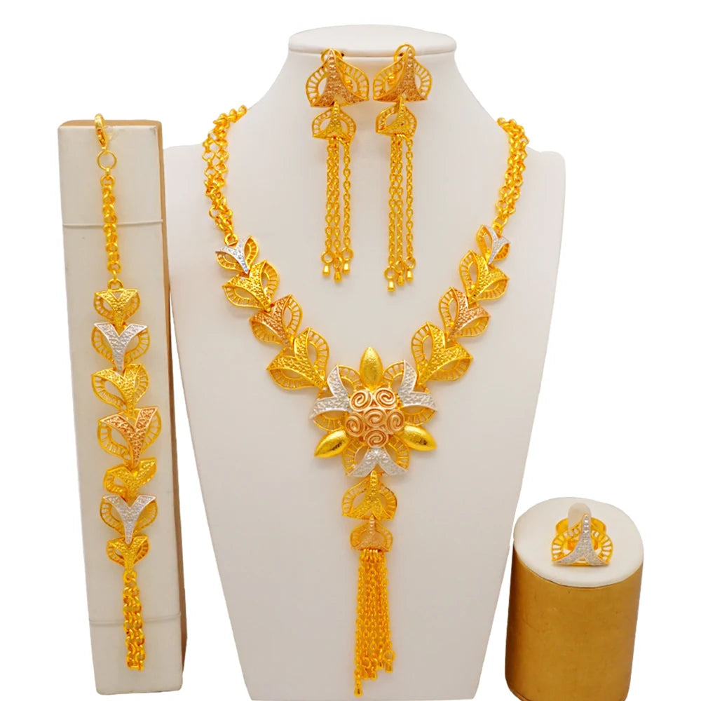 Dubai Gold Color Jewelry Set For Woman Bridal Nigerian African Long Chain Necklace Earrings Bracelet Ring Jewellery Set