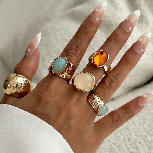 Vintage Chic Geometric Stone Inlaid Ring Set for Women Simple Chunky Gold Color Geometric Rings Daily Wear Party Jewelry Gifts