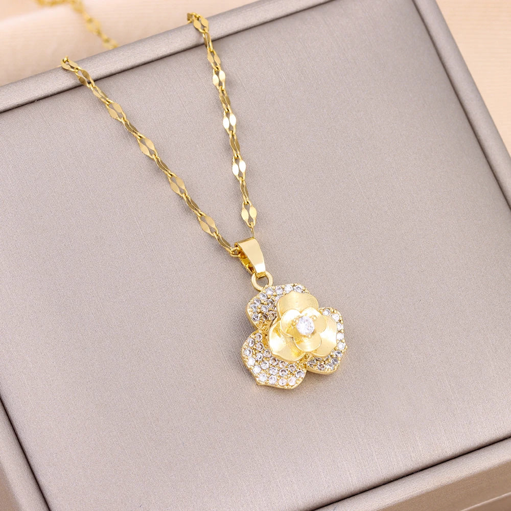 Trendy 18K Gold Plated Zircon Crystal Pendant Stainless Steel Necklace For Women Female Clavicle Chain Jewelry Lady Accessories