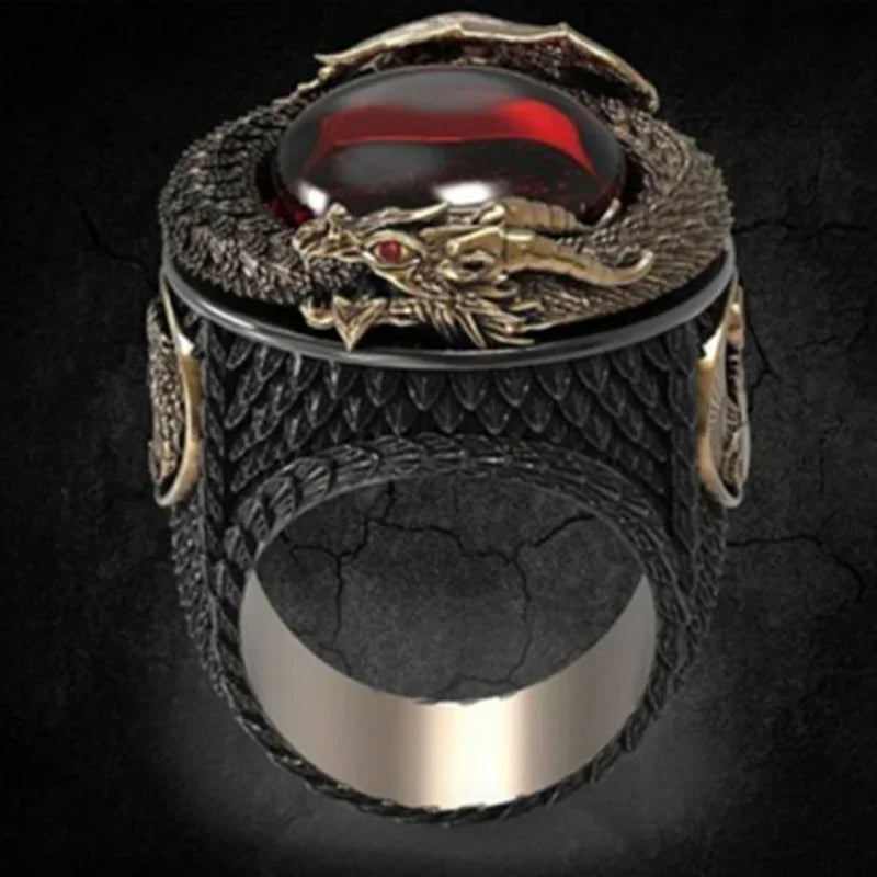 Milangirl Fashion Rings for Men Mighty Personality Dragon Ring Red Zircon Black Mens Ring Punk Jewelry