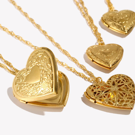 E.B.belle Flower Pattern Hollow Heart Photo Box Pendant Necklace For Women Stainless Steel Jewelry 18K Gold Plated Souvenir Gift