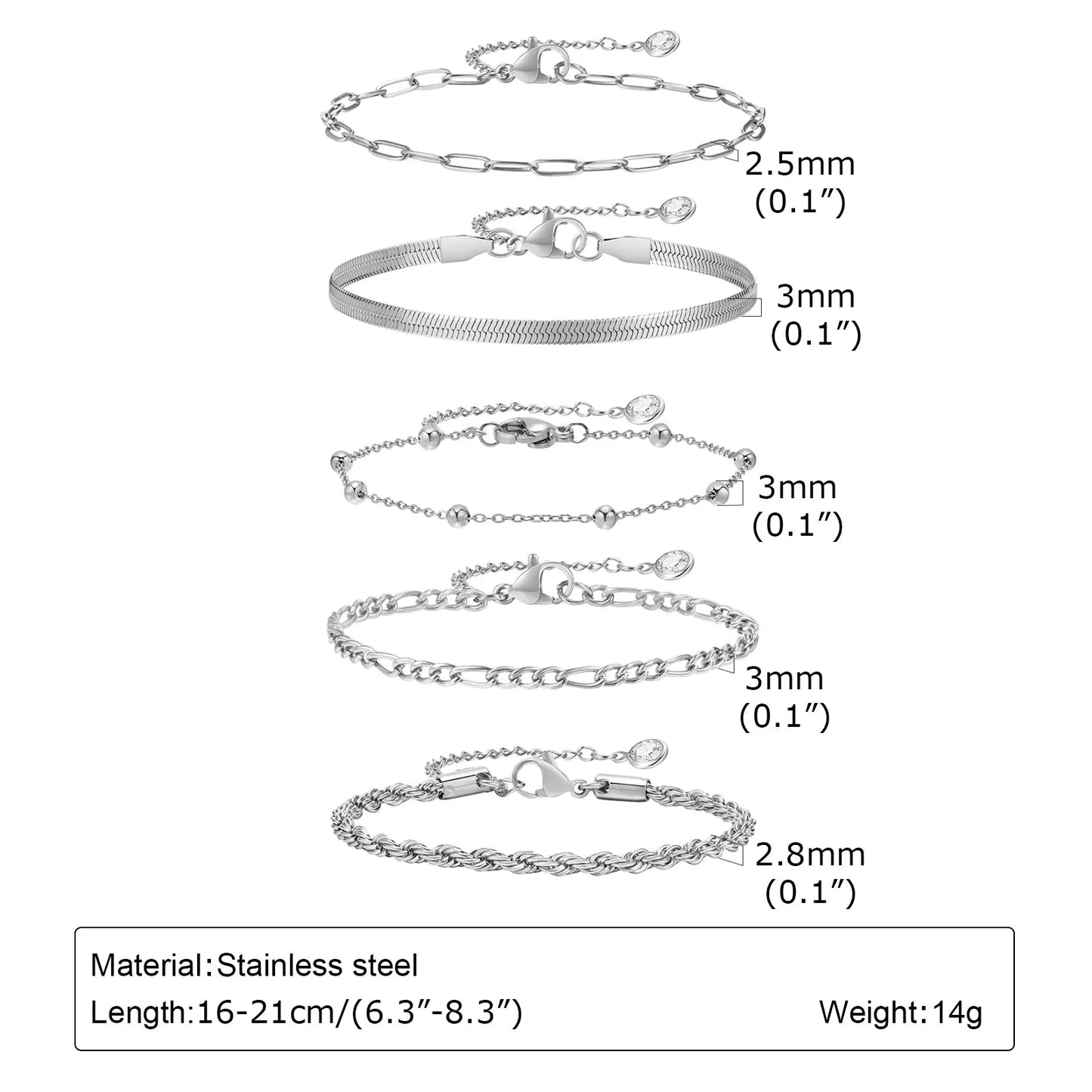 5PCS/Set Women Gold/Silver Color Bracelets,Stainless Steel Lady Geometric Fashion Charm Chain,Multi Layers Dainty Girl Jewelry