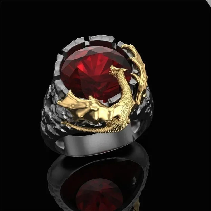 Milangirl Fashion Rings for Men Mighty Personality Dragon Ring Red Zircon Black Mens Ring Punk Jewelry