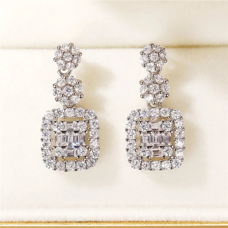 Huitan Luxury Bridal Wedding Earrings for Women Paved Crystal AAA CZ Stone Aesthetic Female Dangle Earrings Party Trendy Jewelry