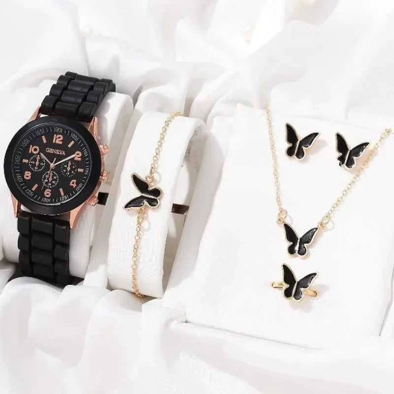 5PCS Set Luxury Watch Women Ring Necklace Earrings Pearl Rhinestone Wristwatch Female Casual Ladies Watches Bracelet (No Box)