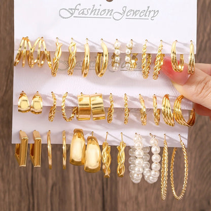 24 Pcs Fashion Vintage Hoop Earrings Set for Women Boho Metal Circle Geometric Twist Pearl Studs Earrings Trendy Jewelry Gifts