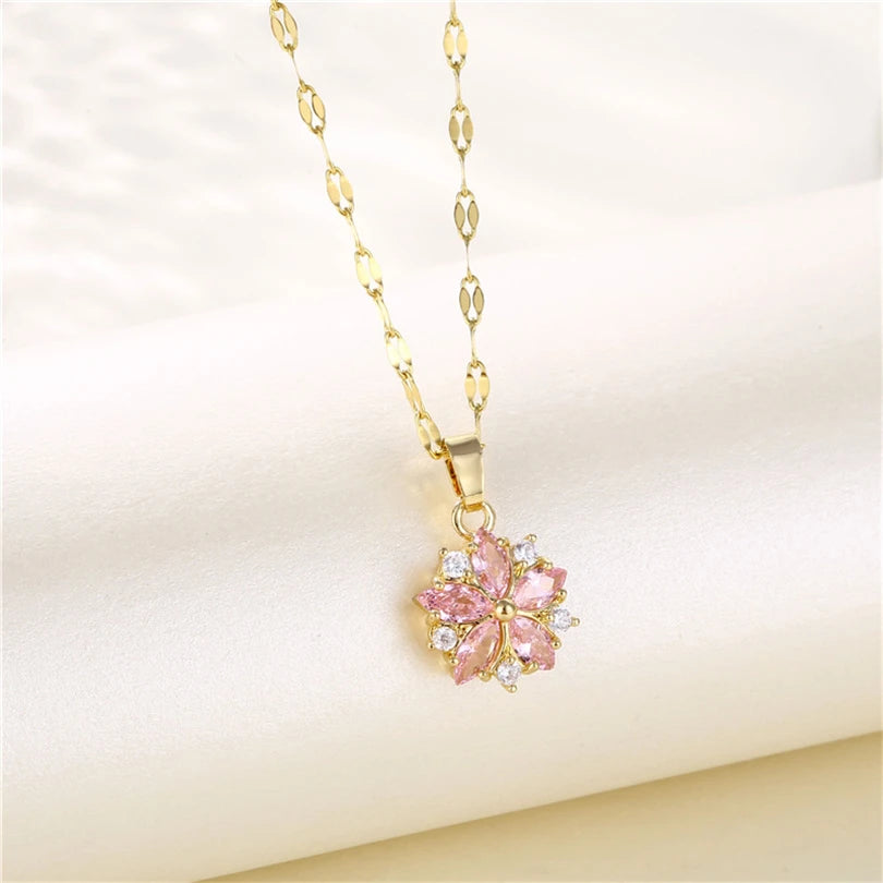 Trendy 18K Gold Plated Zircon Crystal Pendant Stainless Steel Necklace For Women Female Clavicle Chain Jewelry Lady Accessories